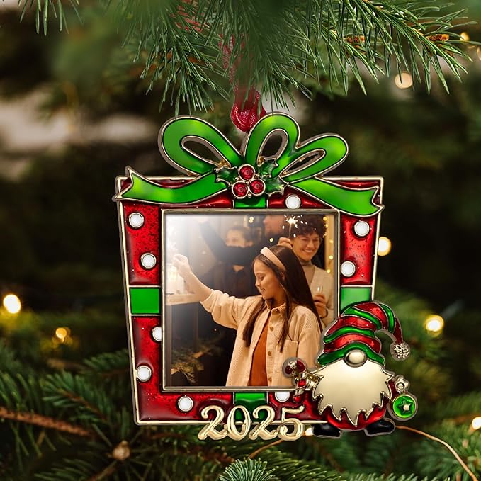 West style 2025 Christmas Tree Ornaments - Made of Zinc Alloy Glitter Powder Pendant 2x2 Inch Picture Frame Ornament for Pet and Baby Holiday Keepsake Gift (2025, Gnomes)