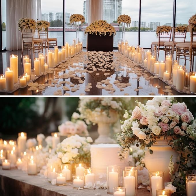 Shihanee Set of 24 Pillar Candles and Glass Cylinder Vases Assorted Sizes Clear Cylinder Holders for Pillar Candles Home Table Centerpieces Wedding Party Decorations (Multiple Sizes,White)