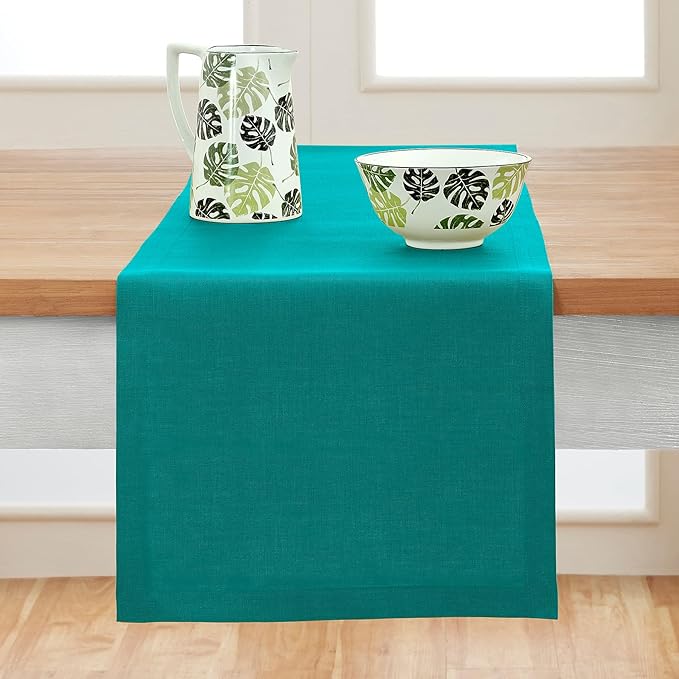 Solino Home Linen Teal Table Runner 72 Inches Long - 100% Pure Linen 14 x 72 Inch Table Runner for Dining, Dresser - Fete