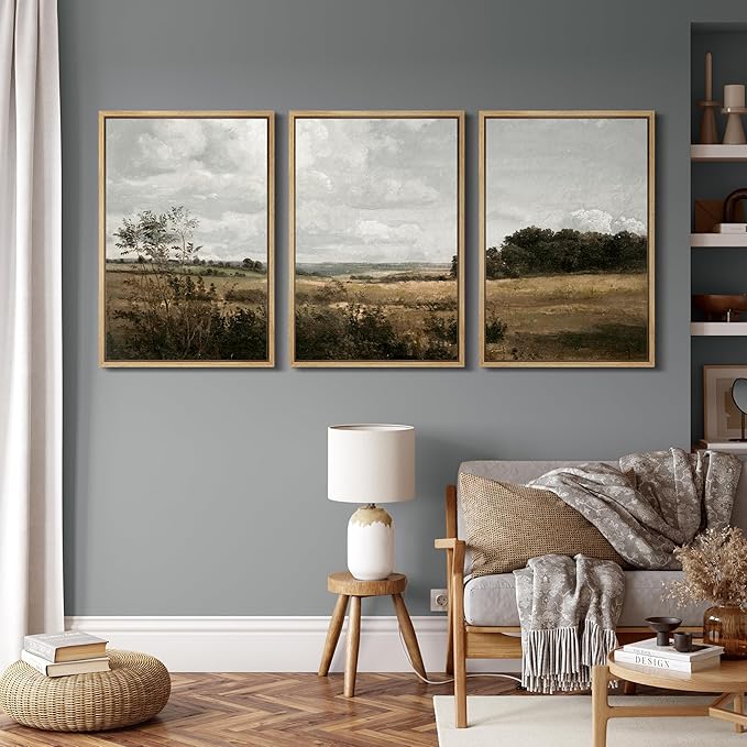 MUDECOR Framed Canvas Print Wall Art Rustic Fields Tranquil Countryside Landscape Nature Wilderness Illustrations Realism Decorative for Living Room, Bedroom, Office - 16"x24"x3 Natural