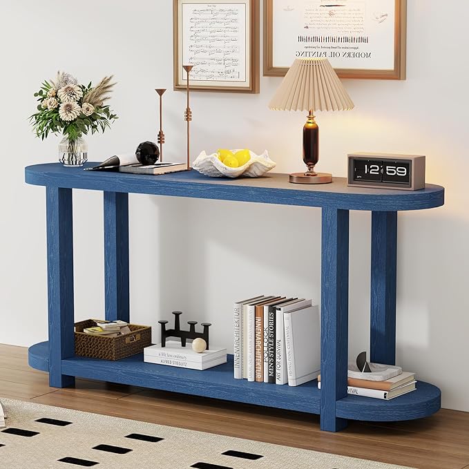 Modern Minimalist Console Table Entryway Table with Streamlined Desktop Design, 63'' Long Ash Veneer Curved Accent Sofa Table for Living Room Hallway Foyer Corridor (Navy Blue-VE)