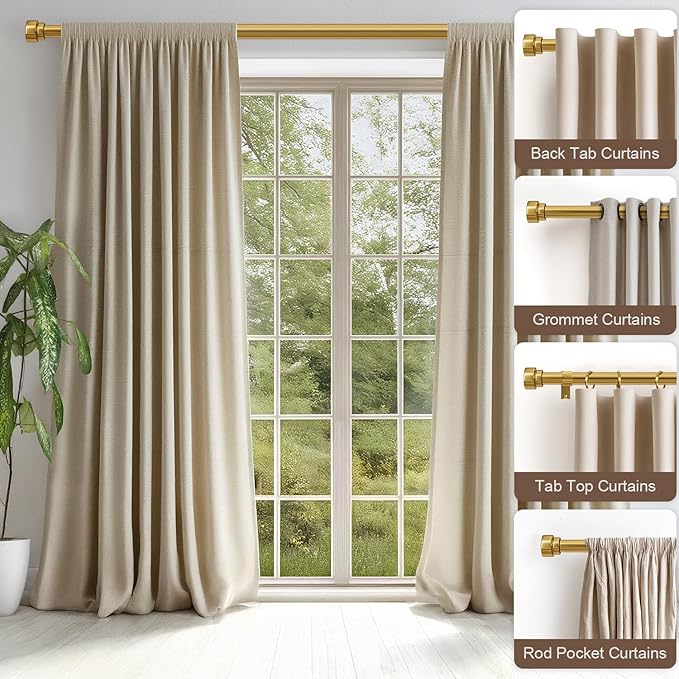 Gold Curtain Rods for Windows 72 to 144 Adjustable Modern Curtain Rod 1 inch Diameter Heavy Duty with Solid Metal Finials for Living Room Bedroom Farmhouse Outdoor Patio