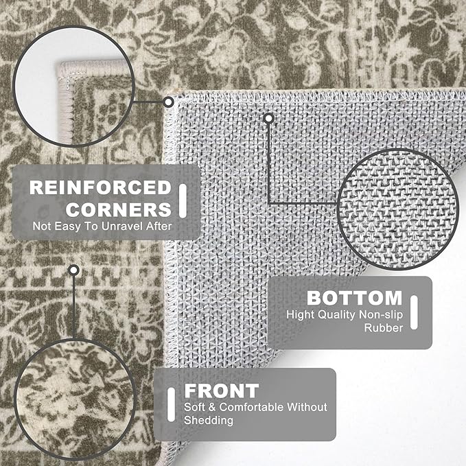 KILOCOCO Hallway Runner 2x6 Rug Runner Printed Vintage Floral Washable Kitchen Runners Non-Slip Rubber Backed Runners for Hallways Laundry Room Distressed Boho Rugs for Entryway Bedroom, Taupe/Green