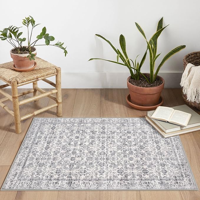 2x3 Washable Rug Soft Area Rug for Entryway, Grey Non-Slip Indoor Door Mat Distressed Floral Low-Pile Kitchen Rugs, Neutral Vintage Carpet for Entrance Kitchen Bedside Farmhouse