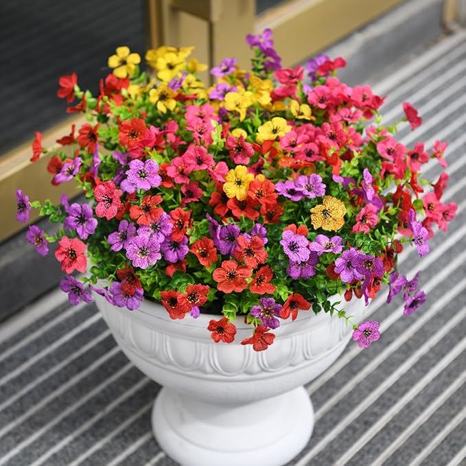 Artificial Fake Flowers Plants for Outdoors Spring Decor, 12 Bundles Colorful Faux Silk Flowers Daisy Eucalyptus Plants UV Resisitant for Outside Planter Pots Front Porch Garden Patio