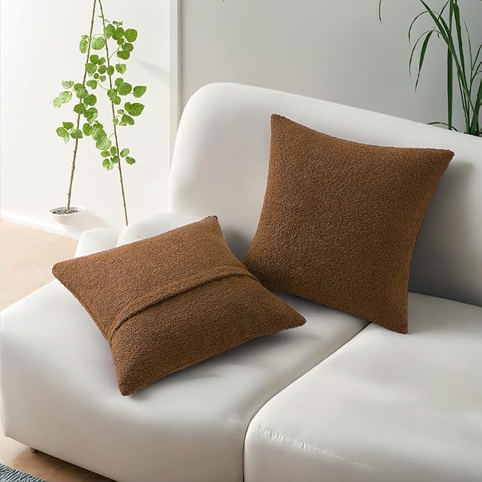 HAUSSY Set of 2 20x20 Decorative Throw Pillow Covers, Soft Cozy Textured Boucle Couch Cases, Home Decor for Couch Bed Living Room, Tobacco