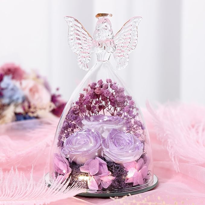Christmas Rose Gifts for Women Preserved Real Flower in Glass Angel Figurines Roses for Delivery Prime Birthday Gifts for Mom Grandma Girlfriend Wife Her, Pearlescent Purple