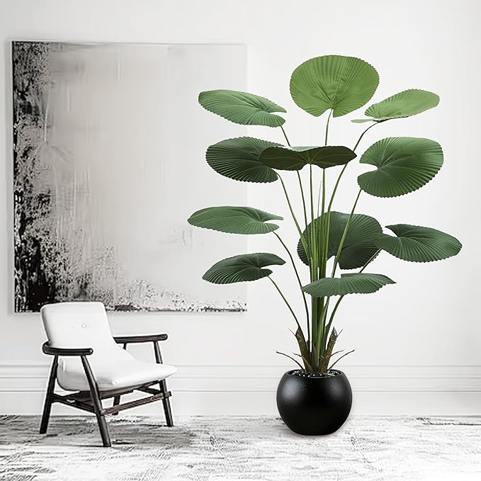 Artificial Fan Palm Tree: 5FT Fake Licuala Ruffled Fan Palm Plant Faux Tropical Plant Realistic Tall Floor Tree in Black Egg-Shaped Pot for Home Decor Office Patio Hotel Garden Indoor Outdoor