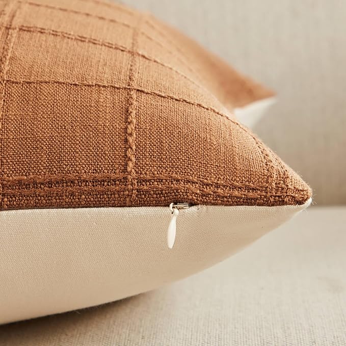 ZeeMart Linen Checked Lumbar Throw Pillow Covers Set of 2, 12x20 Inch Caramel/Cream, Farmhouse Decorative Single Sided Grid Embroidered Couch Pillow Cases Burnt Orange Cotton Linen Cushion Covers