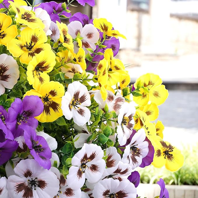 Artificial Fake Pansy Flowers for Outdoor, Faux Silk Pansies Spring Flowers for Outside for Planter Front Door Porch Yard Patio Window Box Home Decor (18, Purple, Yellow, White)