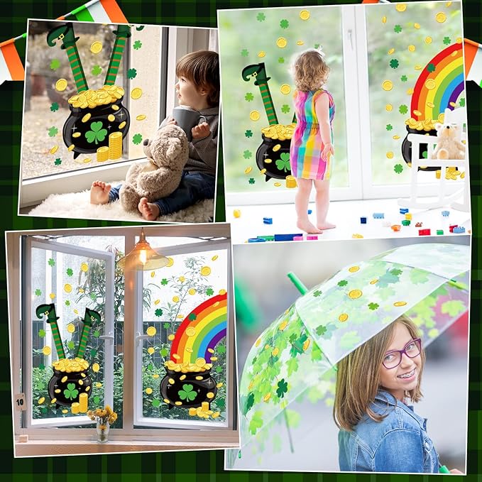 St Patricks Day Window Clings Stickers Green Lucky Shamrock Window Stickers Irish Party Window Art Seasons Decals for St Patricks School Home Office Accessories Toddlers Party Supplies (St. Patrick's)