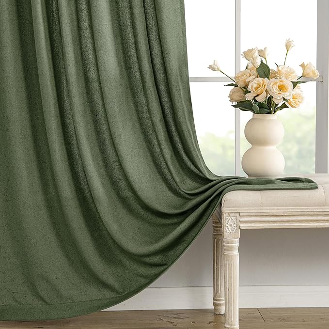 MIULEE Non-See-Through Privacy Linen Curtains 2 Panels, Olive Green Light Filtering Window Curtains Farmhouse Textured Back Tab Semi Sheer Drapes for Bedroom Living Room 84 Inches Long Dark Green
