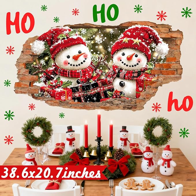 Christmas Wall Decoration Stickers Large Snowman Wall Decals Peel and Stick Xmas Indoor Home Office Decor 3D Winter Wall Sticker Merry Christmas Art Mural for 2026 New Year Holiday Kids Party Supplies