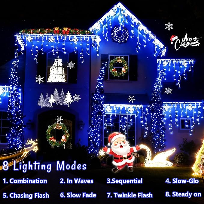 YEGUO 400 LED Blue Icicle Lights Outdoor Waterproof, 33ft 80 Drops Icicle String Lights Connectable, 8 Modes Icicle Christmas Lights with Memory