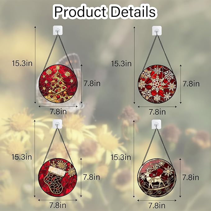 Stained Glass Window Hanging 4 Pcs Set Red Christmas Elk Snowflakes 7.8" - Deer Suncatcher Door Garden Sun Catcher Decor Birthday for Mom Woman Nana Men Friend