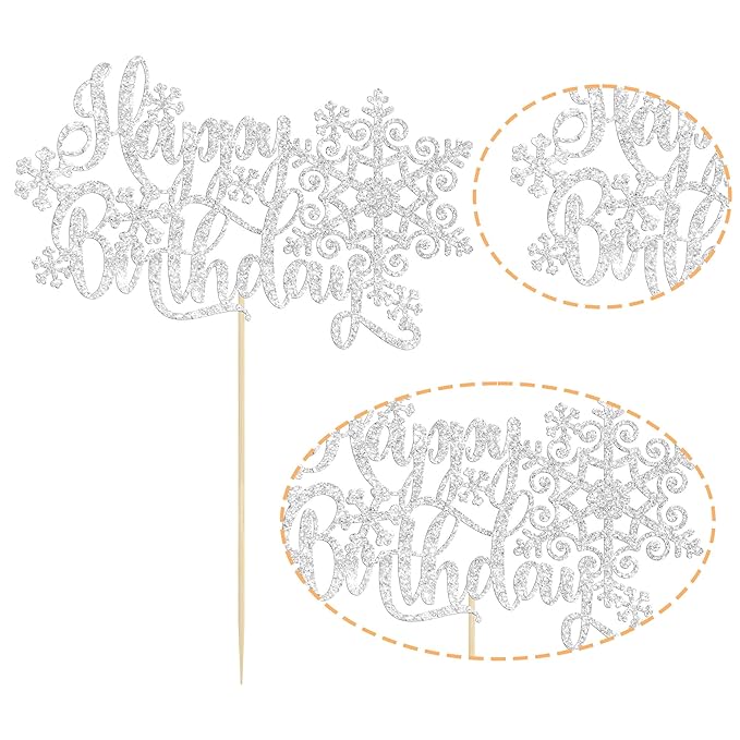 Gyufise 1 Pack Snowflake Happy Birthday Cake Topper Silver Glitter Winter Snowflake Cake Picks Decorations for Winter Snowflake Theme Baby Shower Kids Birthday Party Supplies