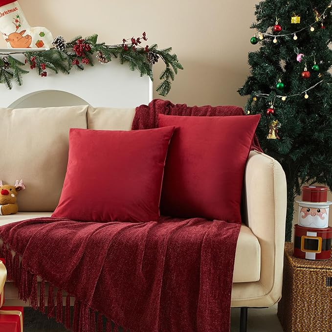 JUSPURBET Throw Pillow Covers Set of 2 Decorative Velvet Pillow Covers for Couch Sofa Bed Soft Euro Cushion Covers Cases with Invisible Zipper for Living Room Home Decor 28x28 inch,Burgundy