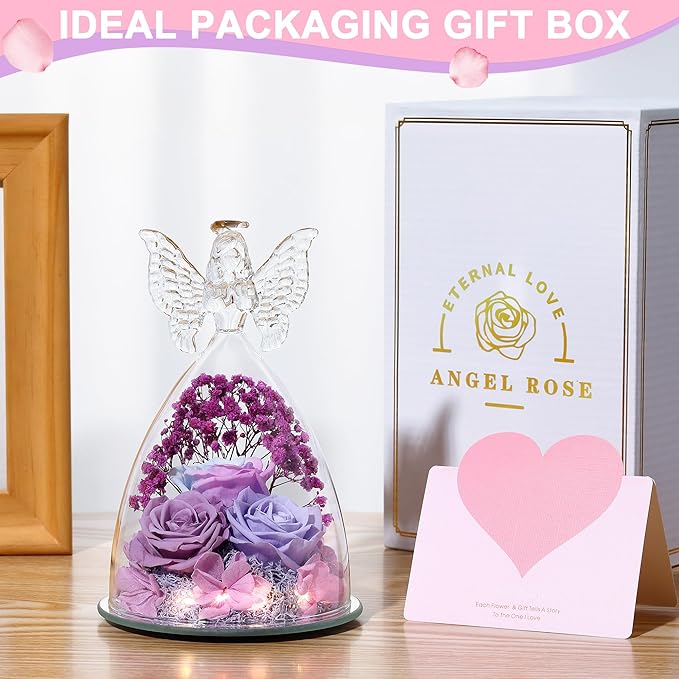 Christmas Rose Gifts for Women Preserved Real Flower in Glass Angel Figurines Roses for Delivery Prime Birthday Gifts for Mom Grandma Girlfriend Wife Her, Multi Purple