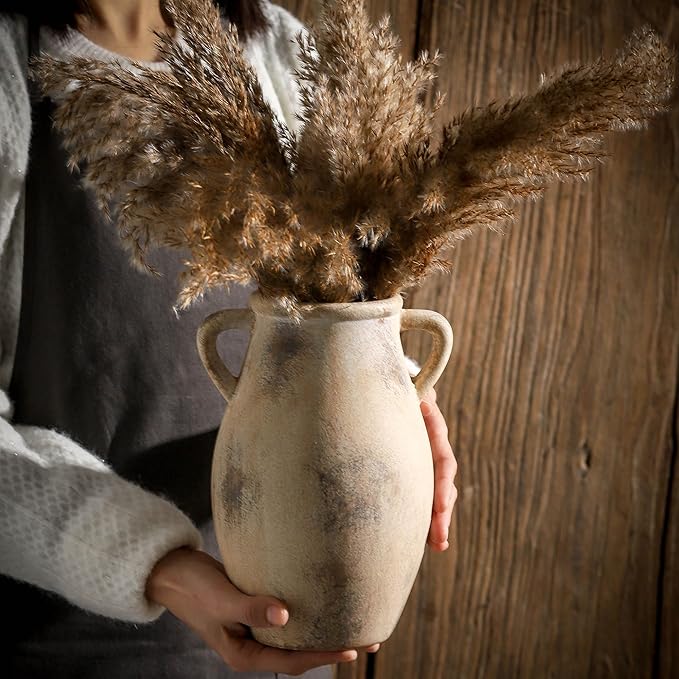 Ceramic Vintage Vase with Handles - 9.05 inch Terracotta Vase - Decorative Tall Pottery vase - Flower Vase for Home Farmhouse Decor, Dining Table, Living Room, Kitchen, Office