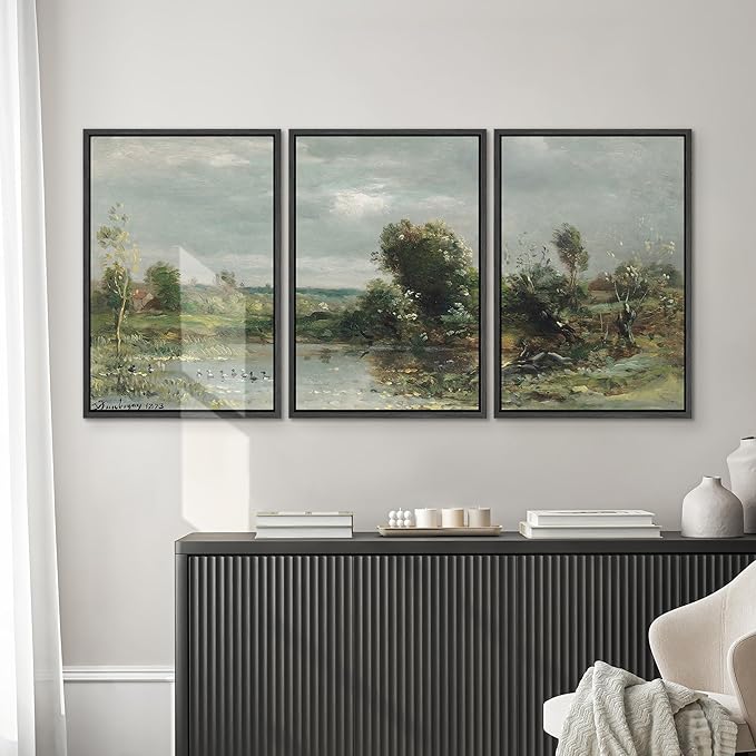 SIGNWIN Framed Canvas Print Wall Art Set Tranquil River Reflections Classic Nature Illustrations Modern Art Decorative Rustic Calm/Zen for Living Room, Bedroom, Office - 24"x36"x3 Black