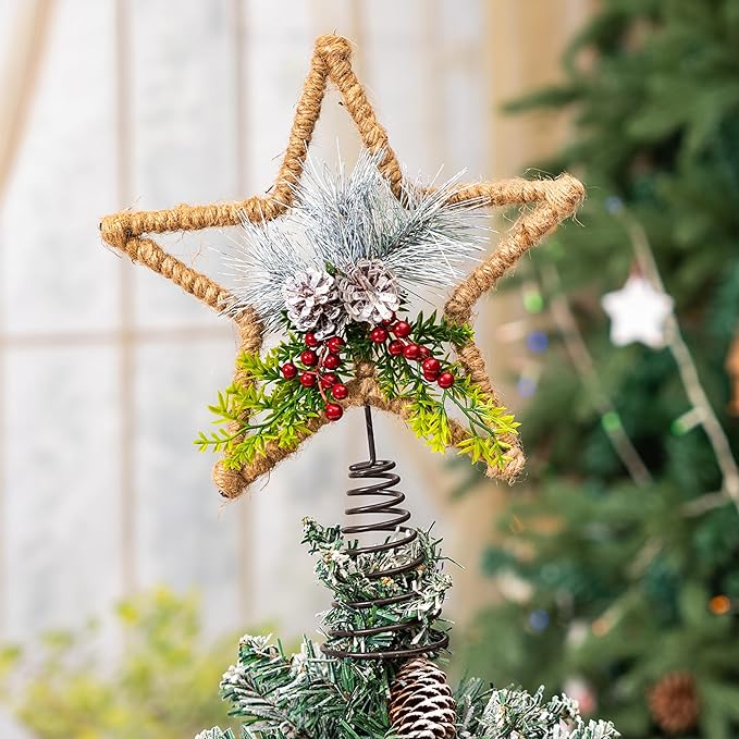 DUSVALLY Christmas Tree Topper - Metal Decoration with Holly Berry for Christmas Tree Top, Xmas Tree Topper Hat with Pine Cone & Holly Decor, Gift for Home & Office, 11" H
