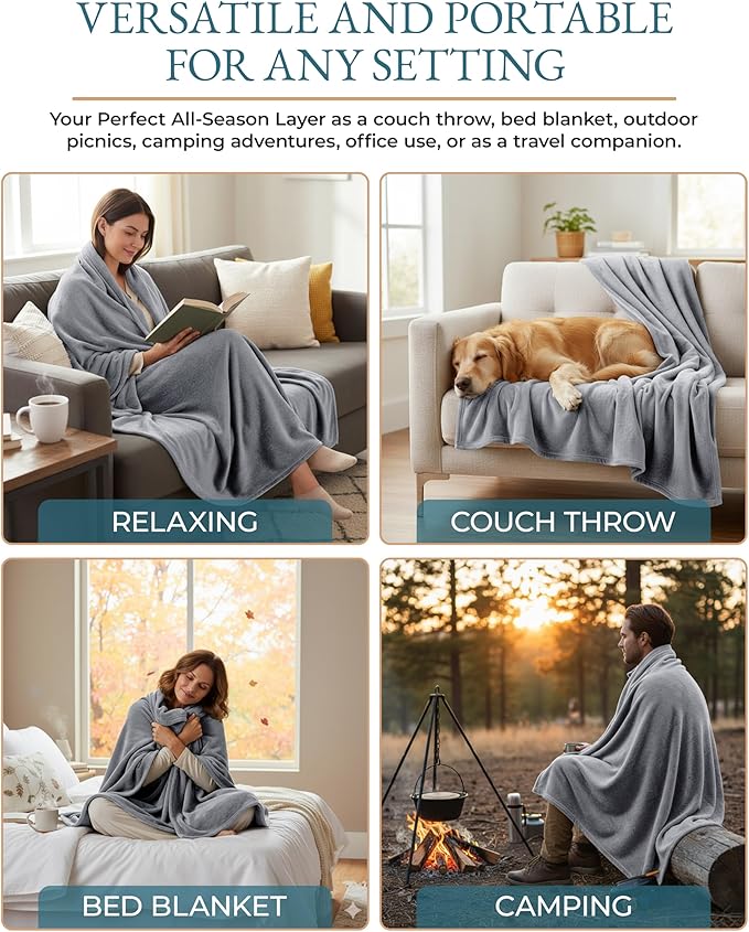 Casa Platino Fleece Blanket Queen Size – 90x90 Soft & Lightweight Flannel Throw for Bed, Sofa, or Guest Room – Warm All Season Blanket – Light Grey