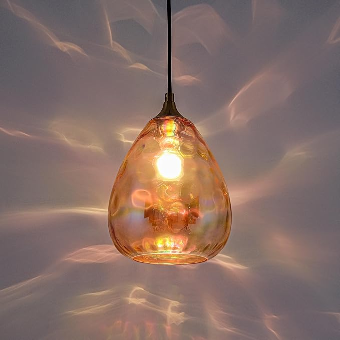 Gold Pendant Lighting with Amber Hammered Glass Shade, 1-Light Art Deco Hanging Lamp for Kitchen Island, Dining Room, Bedroom (Amber Glass Shade)
