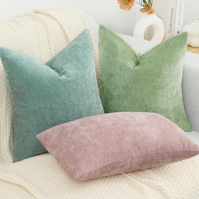 decorUhome Chenille Sage Green Christmas Throw Pillow Covers 26x26 Inch Set of 2, Decorative Soft Couch Pillow Covers Solid Dyed Accent Farmhouse Neutral Square Pillow Cases for Sofa