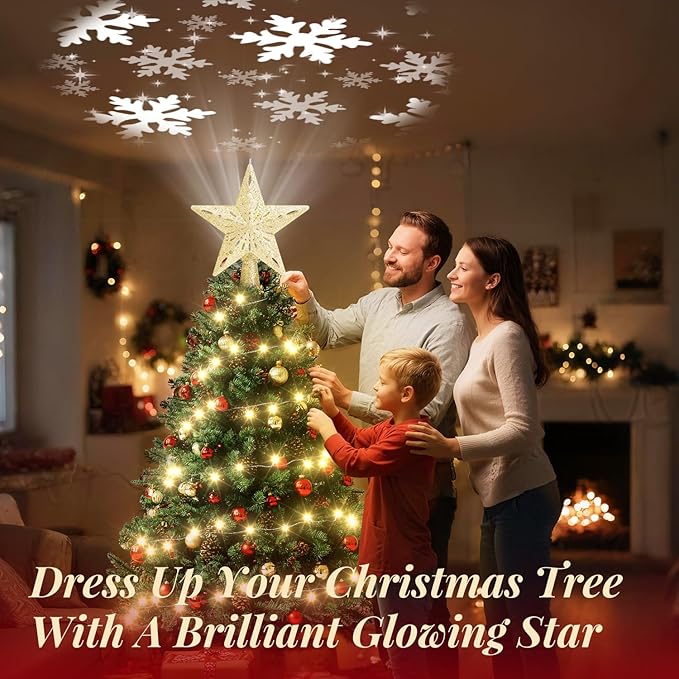 Christmas Tree Topper Lighted with 10M Warm String Lights, Keten Gold Star Tree Toppers Decoration with 3D Rotating Pattern Projector, Tree Top for Indoor Outdoor Xmas Party Holiday(Gold)