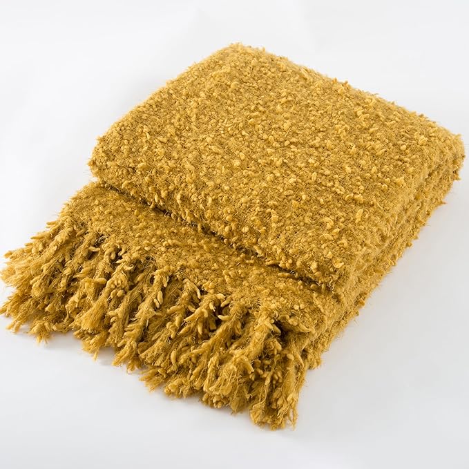 Winter Knit Throw Blanket Fluffy Fuzzy Soft Lightweight Cozy Farmhouse Tassels Chunky Knitted Throws for Couch Sofa Bed (Mustard Yellow, 50"x60")