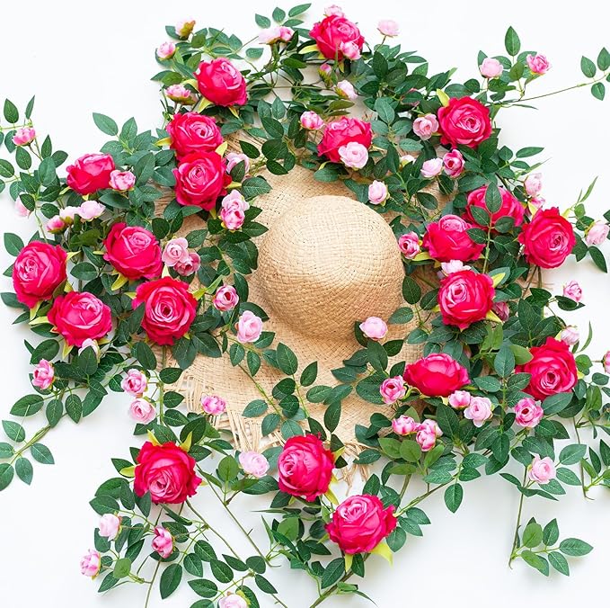 6FT Bendable Flower Garland, Artificial Rose Vine Hanging Floral Garland Decoration for Weding Home Room Wall Decor (Fuchsia, 1pcs)