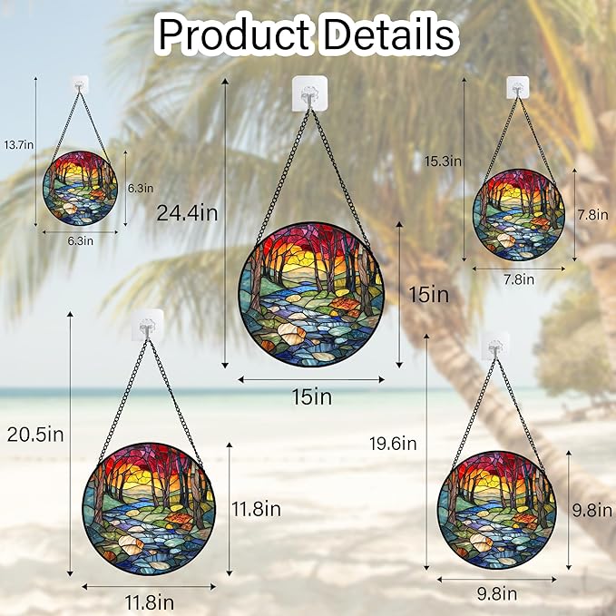 Stained Glass Window Hanging, Red Tree Abstract Sunset Lake Sun Catcher for Window Home Decor Landscape Suncatcher Mother's Day Birthday Gifts for Women Men Mom and Nana 9.8 in