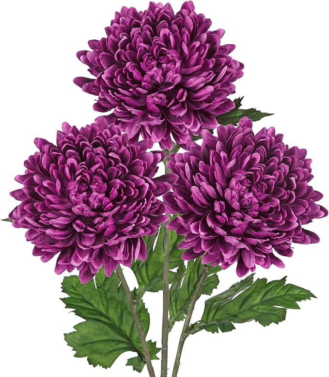 Hollyone 3Pcs Fake Mums Flowers Purple Artificial Chrysanthemum Flowers Silk Long Stem Floral Arrangements Bouquets Faux Spider Mum Flower Pincushion Flower Bush Spring Home Decor