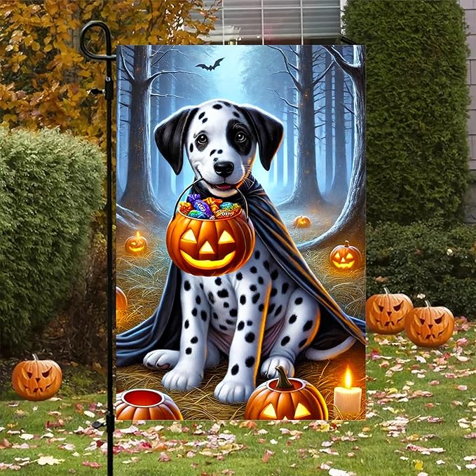 Halloween Dog Garden Flag 12x18 Inch Dalmatian Tia Pumpkin Candy Basket Fall Yard Flag Double Sided Trick or Treat Banner for Porch Lawn Outdoor Holiday Halloween Decoration