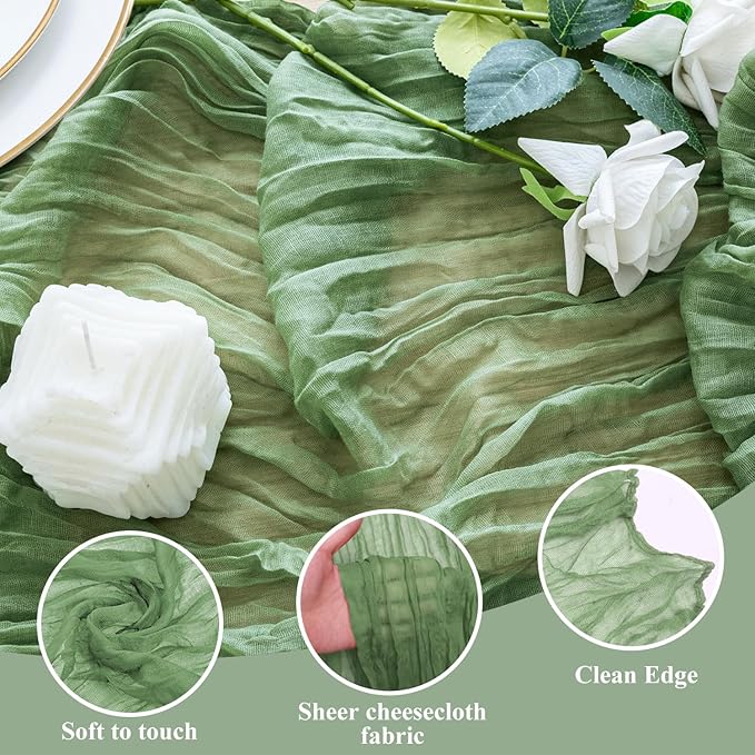 4PCS Table Runner Cheesecloth 10FT Sage Green Boho Gauze Cheese Cloth Rustic Sheer Table Runners for Wedding Bridal Baby Shower Party Decoration