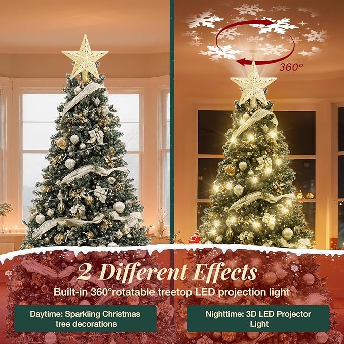 Christmas Tree Topper Lighted with 10M Warm String Lights, Keten Gold Star Tree Toppers Decoration with 3D Rotating Pattern Projector, Tree Top for Indoor Outdoor Xmas Party Holiday(Gold)