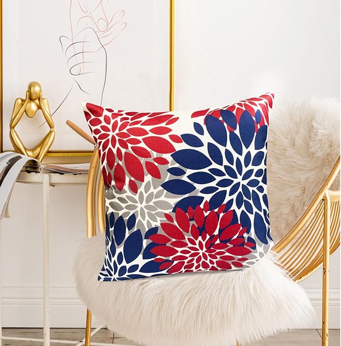Decorative Throw Pillow Covers Set of 2 Red Blue Pillow Covers 16x16 Inch Couch Pillow Covers for Sofa Living Room Outdoor Throw Pillow Cover Linen Square Floral Flower Farmhouse Pillowcase