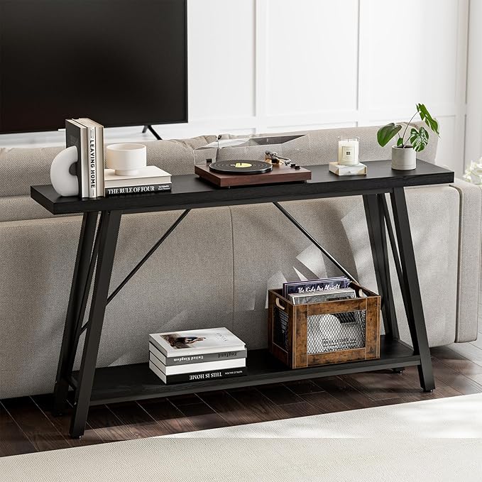 GAZHOME Console Table with Storage Shelf - Industrial Style Sofa Table Behind Couch for Living Room & Entryway, Black,53.1 Inch