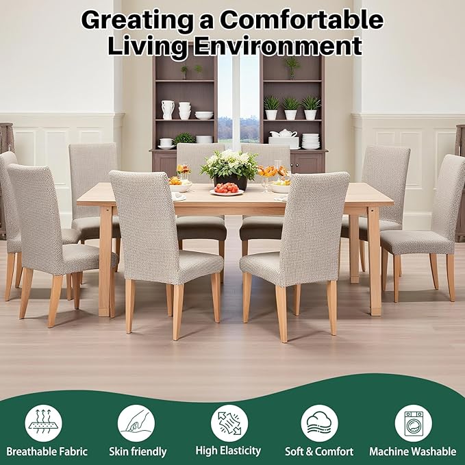 Dioxide Stretch Chair Covers for Dining Chairs, Washable Dining Chair Covers Set of 6, Soft Kitchen Chairs Seat Covers, Jacquard Parson Chair Slipcover Protectors for Home Hotel Restaurant Banquet