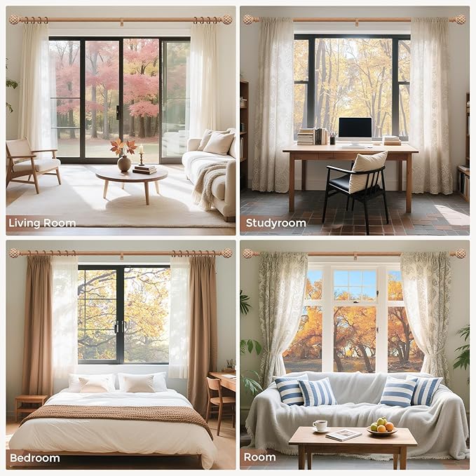 2 Pack Wood Curtain Rods for Windows 48 to 84 Inch, 1 Inch Adjustable Heavy Duty Wooden Curtain Rod with Unique Faux Wood cobweb Finials, Boho Vintage Decorative Drapery Rod for Farmhouse