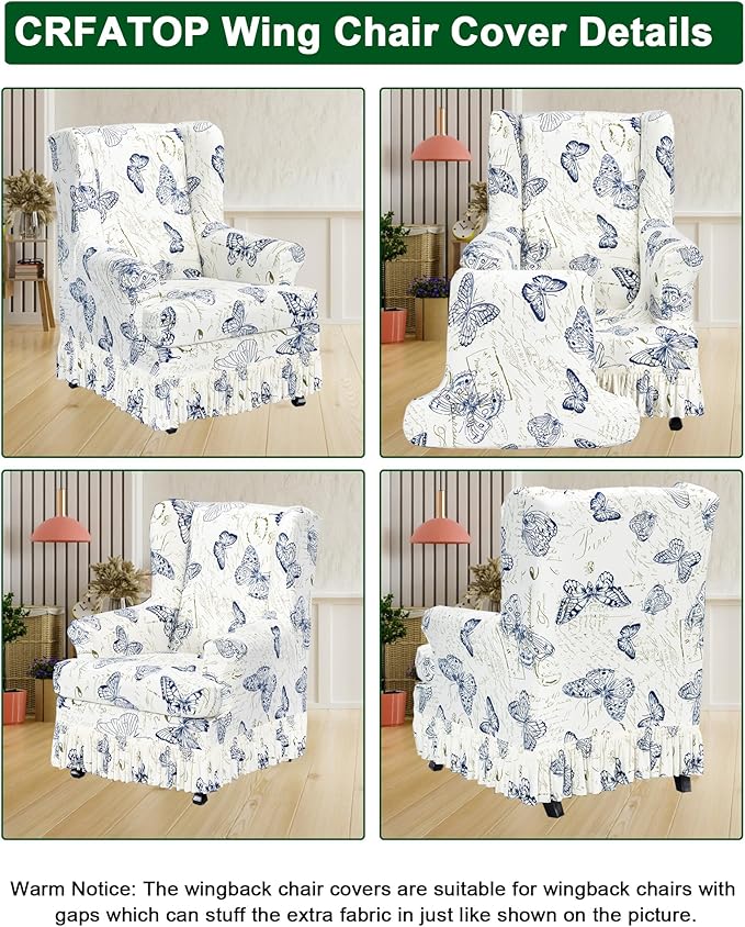 CRFATOP 2 Piece Stretch Wingback Chair Cover with Skirt Printed Wing Chair Slipcovers Spandex Fabric Wingback Armchair Covers with Cushion Slipcover for Living Room Bedroom Wingback Chair,C06