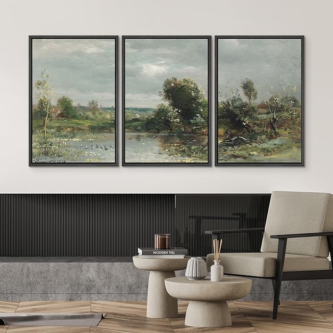 SIGNWIN Framed Canvas Print Wall Art Set Tranquil River Reflections Classic Nature Illustrations Modern Art Decorative Rustic Calm/Zen for Living Room, Bedroom, Office - 24"x36"x3 Black
