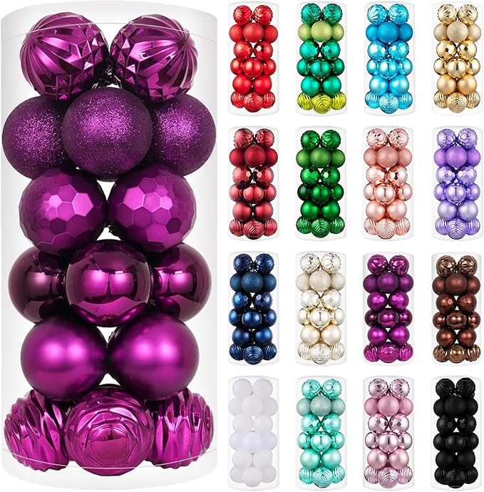XmasExp 2.36" Purple Christmas Ball Ornaments (24ct, Shatterproof, Plastic, Hanging, Christmas)