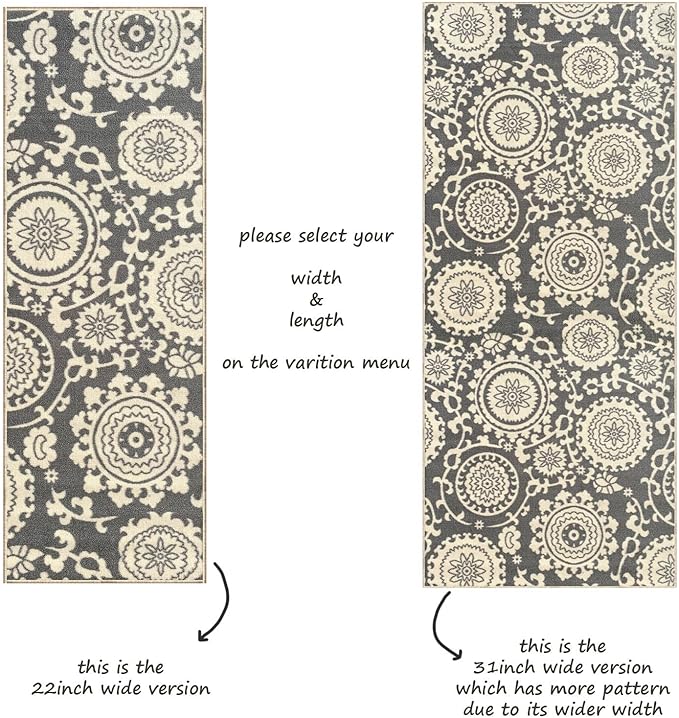 Custom Size Grey Floral Medallion Rubber Backed Non-Slip Hallway Stair Runner Rug Carpet 22 inch Wide Choose Your Length 22in X 14ft