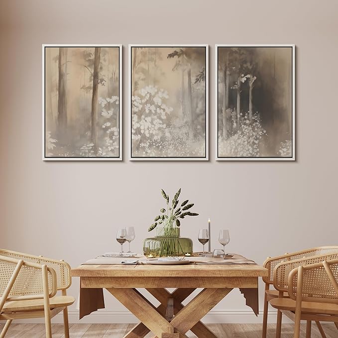 MUDECOR Framed Wall Art Print Set Neutral Forest Landscape Beige and Gray Watercolor Illustrations Realism Decorative for Living Room, Bedroom, Office - 24"x36"x3 White