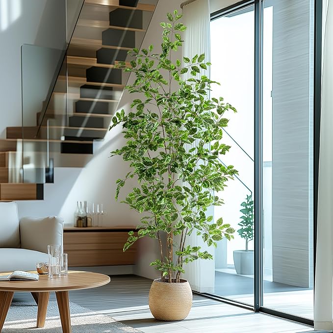 Artificial Ficus Tree Indoor 7ft, Large Potted Faux Tree with Realistic Silk Leaves & Trunk for Home Office, Living Room Corner Decor