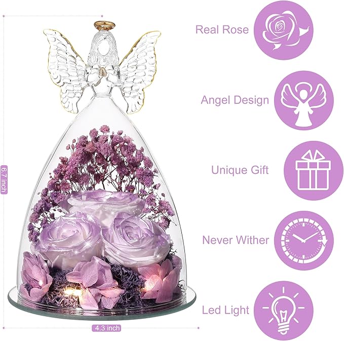 Christmas Rose Gifts for Women Preserved Real Flower in Glass Angel Figurines Roses for Delivery Prime Birthday Gifts for Mom Grandma Girlfriend Wife Her, Pearlescent Purple