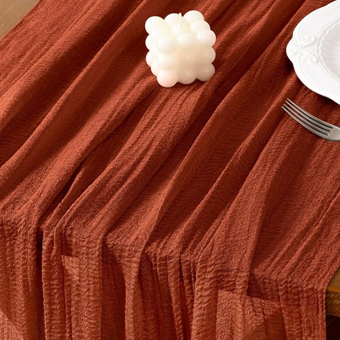 Socomi Terracotta Cheesecloth Table Runner Valentine's Day Gauze 120 Inch Rustic Boho Cheese Cloth Runner for Wedding Party Baby Bridal Shower Centerpiece Decoration Holiday Home Decorations