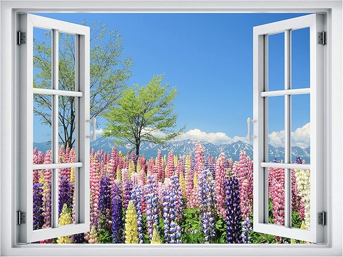 wall26 Removable Wall Sticker/Wall Mural Window View Summer Springtime Lavender Flower Field Wilderness Nature Photography Realism Rustic Landscape Colorful for Living Room, Bedroom, Office - 36"x48"