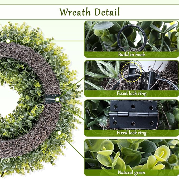 24In Large Boxwoods Door Wreaths for Front Door Spring Summer Outside All Season Green Year Round Artificial Greenery Wreath for Wall Window Rustic Farmhouse Home Outdoor Indoor Decorations